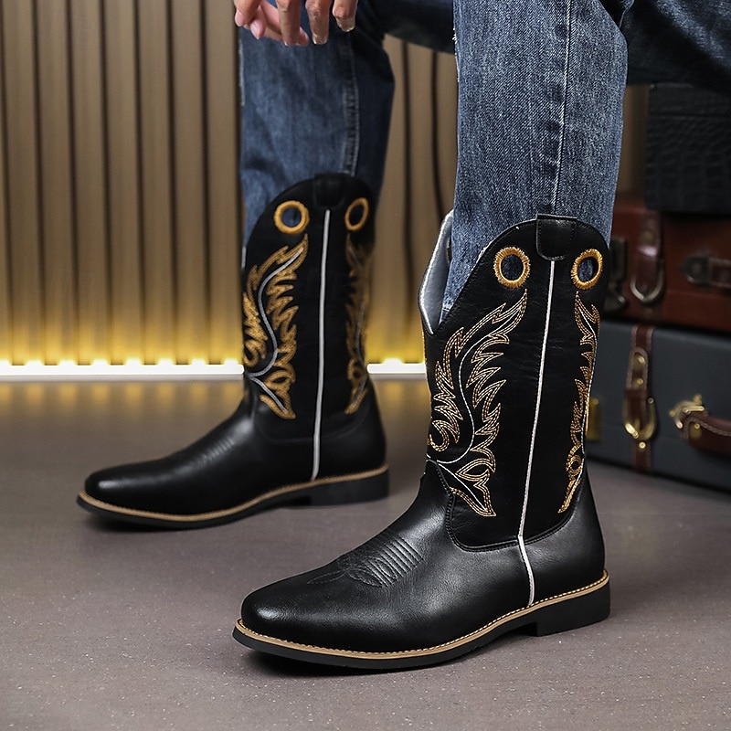 Men's Embroidered Faux Leather Cowboy Boots – Classic Western Riding Boots with Stitched Design for Outdoor, Country Dance and Casual Wear4