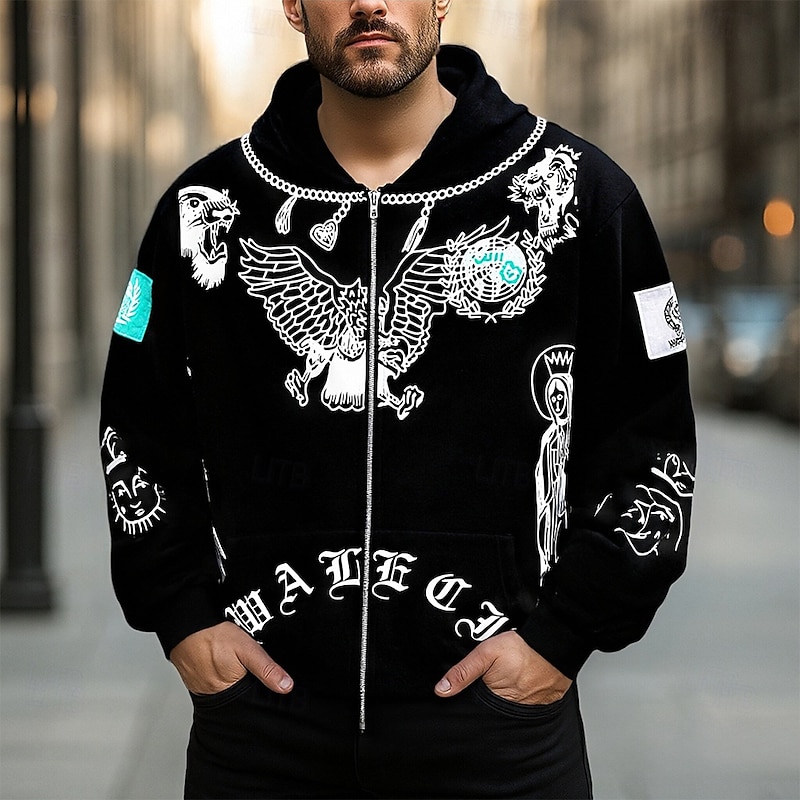 Men's Graphic Eagle Hoodie Fashion Daily Hooded Vacation Party Streetwear Black Gray Zip Up Pocket Printing Spring Fall Designer3