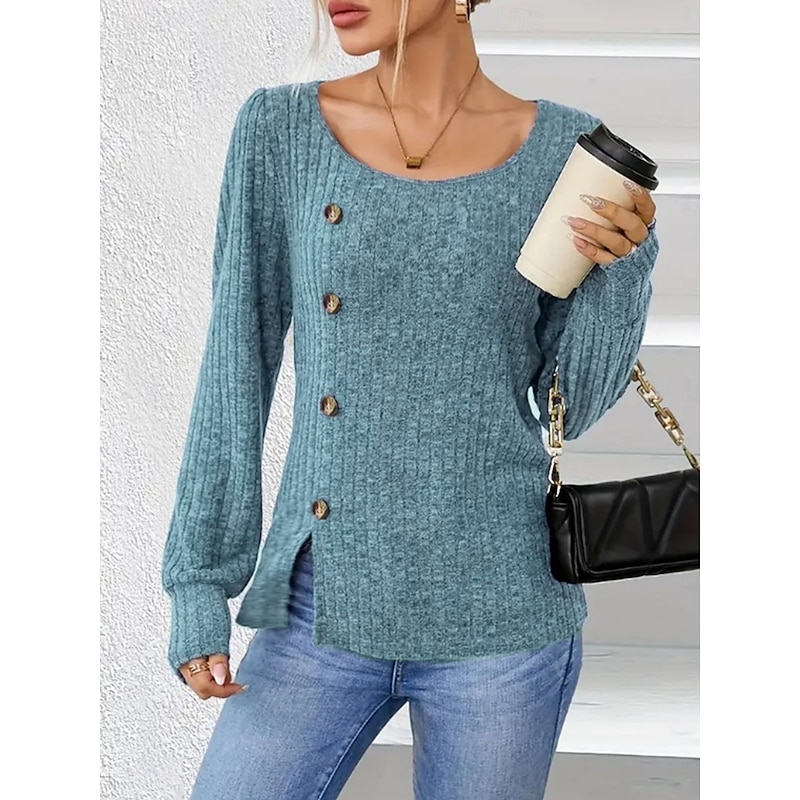 Women's Blouse Solid Color Stylish Casual Long Sleeve Crew Neck Regular Tops Daily Buttons Black Red Blue Khaki Gray Spring Fall Winter2