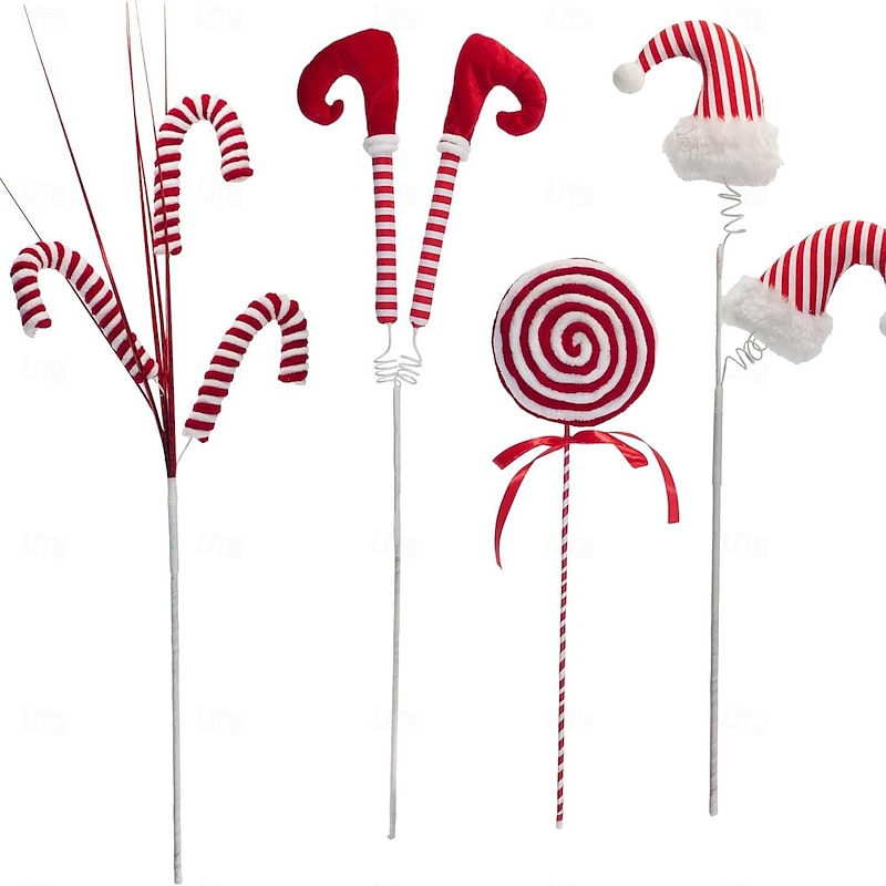 4 Pcs Christmas Elf Leg Tree Picks Ornaments, DIY Xmas Tree Decorations with Knitted Hat, Candy Cane and Lollipop Holiday Filler Decor Accessories