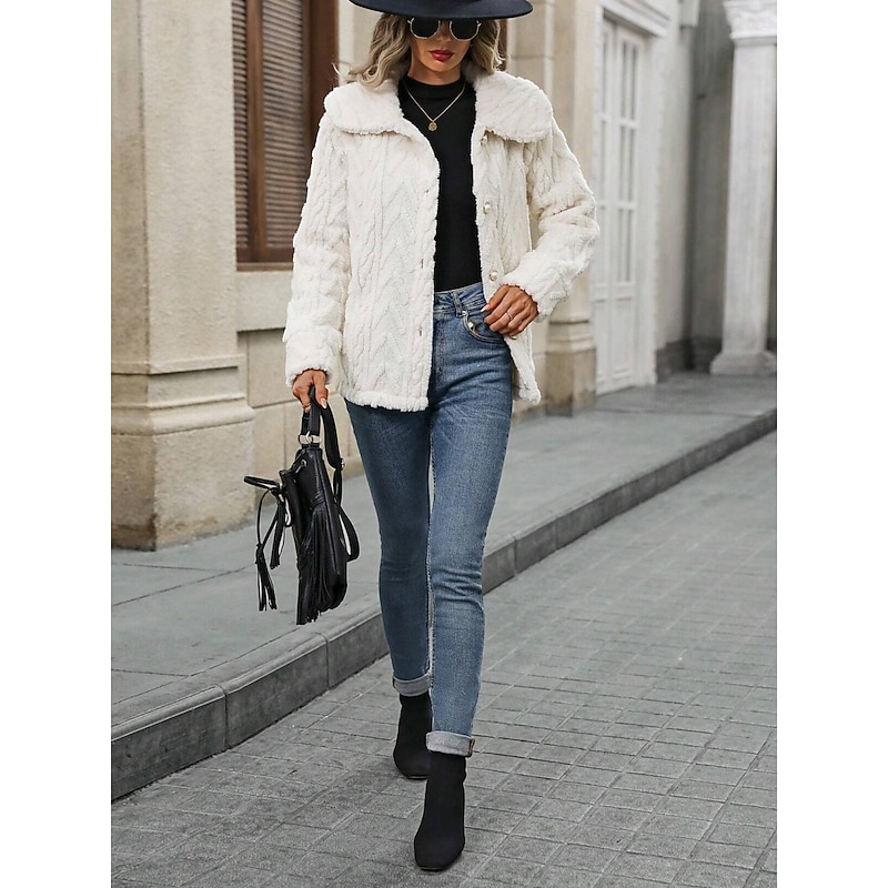 Women's Winter Coat Sherpa Jacket Comfortable Breathable Buttons Casual Plain Vacation Street Casual Daily Wear Single Breasted Regular Turndown Regular Fit Long Sleeve Outerwear White Spring Fall2