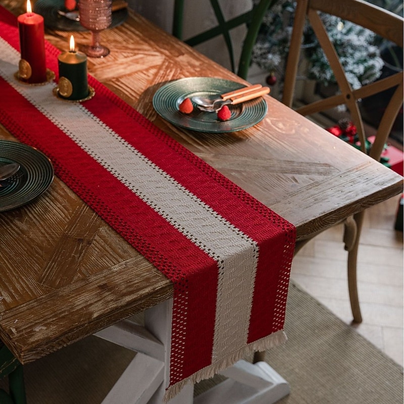 American Style Cotton Linen Table Runner, Striped Two-Tone Woven Fabric with Tassels, Natural Material Holiday Decoration2