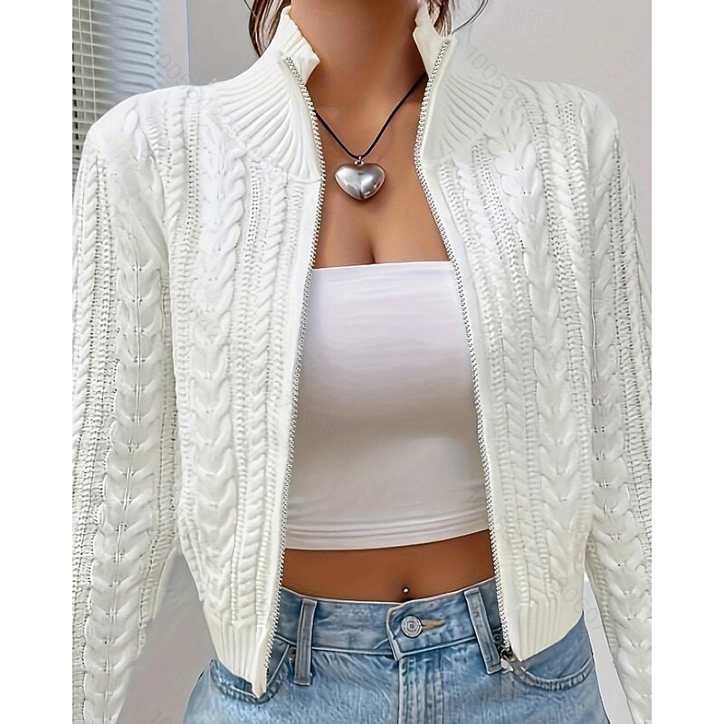 Women's Sweater Cardigan Streetwear Casual Solid Color Cable Stand Collar Zipper Knitted Long Sleeve Regular Tops Knit Daily Going out Weekend Wine Red Black Fall Winter4