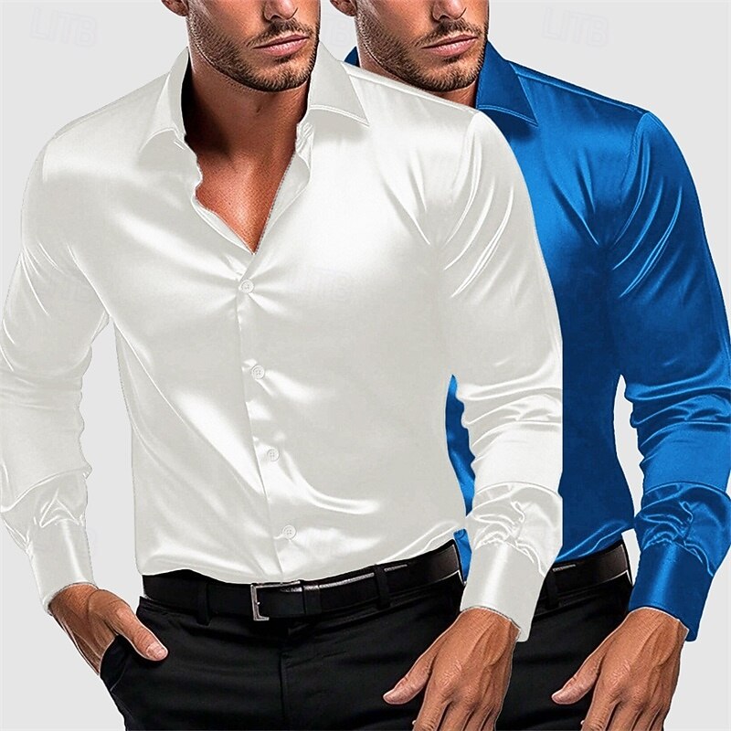 Men's Shirt Satin Shirt Dress Shirt Casual Shirt Button Up Shirt Plain Formal Wedding White+Green White+Black White+Blue Blue+Green Long Sleeve Lapel Spring &  Fall All Seasons Clothing Apparel2