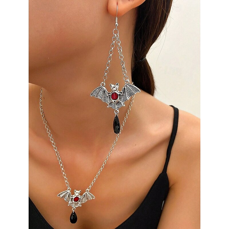 Women's Halloween Bat Jewelry Set with Necklace and Dangle Earrings, Gothic Vampire Style Costume Accessories for Parties and Nightlife