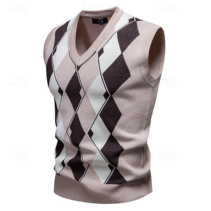 Men's Sweater Sweater Vest Pullover Sweater Jumper Ribbed Knit Regular Tops Knitted Slim Fit Argyle V Neck Knitwear Contemporary Casual Daily Wear Clothing Apparel Winter Spring &  Fall Navy Blue Blue3