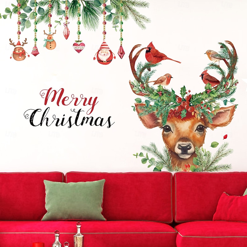 Christmas Sticker Wall Decals Creative Painted Reindeer Colorful Ball Removable Vinyl Mural Holiday Party Shop Glass Window Display Background Decoration For Christmas Festival Home Atmosphere