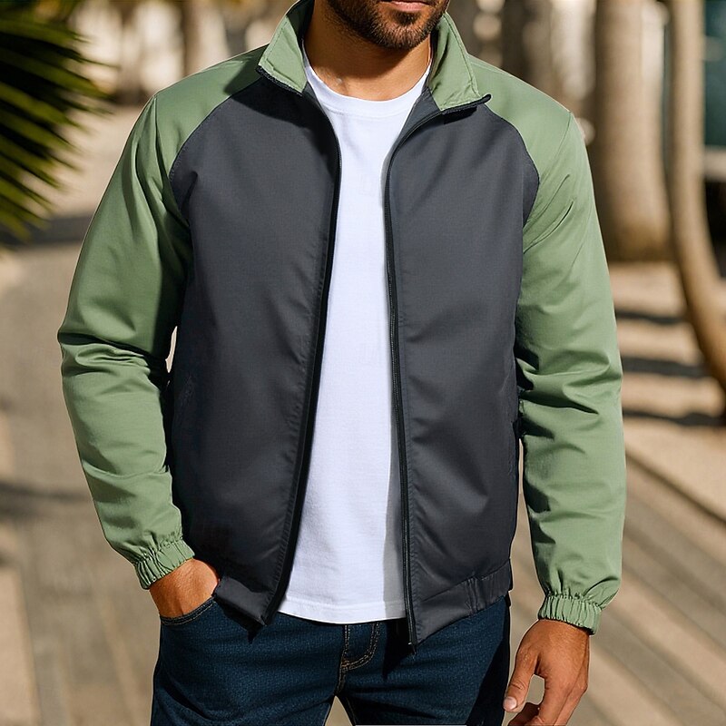 Men's Outdoor Jacket Sport Coat Formal Home Pocket Zip Front Spring Fall Solid Color Color Block Active Neutral Shirt Collar Regular Red Green Khaki Jacket