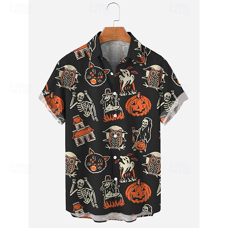 Halloween Men's Grimace Skulls Shirt Summer Shirt Casual Shirt Short Sleeves Horror Vacation Daily Wear Theme Party Spring & Summer Lapel Print White+Black Black 1 Black 3 Black Beige