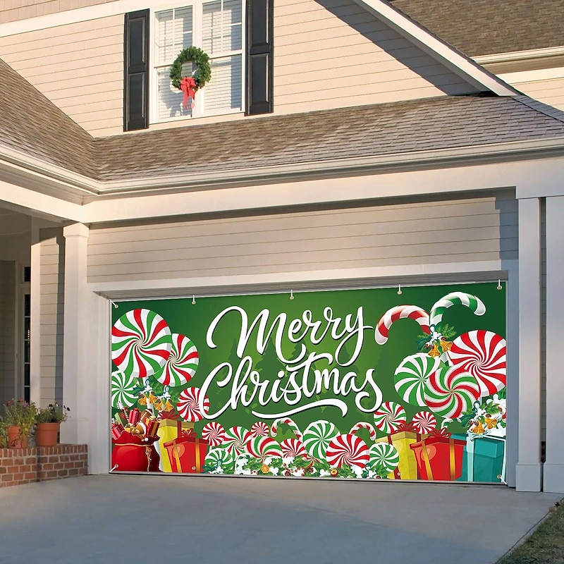 Christmas Outdoor Garage Door Cover Merry Christmas Candy Large Tapestry Backdrop Holiday Party Wall Decoration For Outdoor Garage Door Home Christmas Festival Celebration Decor2
