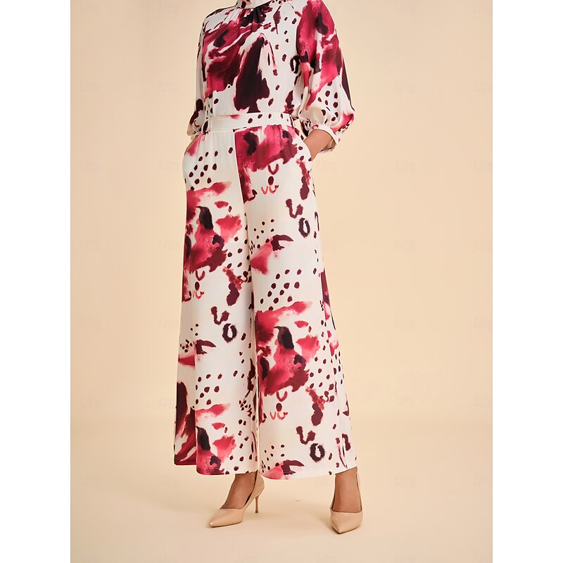 Women's Burgundy Abstract Print Elastic Gathered Wide-Leg Pants4