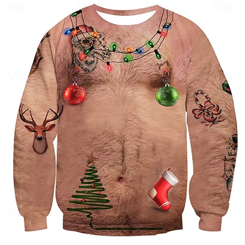 Ugly Christmas Sweater Men's Christmas Bell Lanterns Pullover Sweater Jumper Knitwear Crewneck Casual Vacation Daily Festival 3D Print Novelty Keep Warm Long Sleeve Spring Fall Winter Apricot