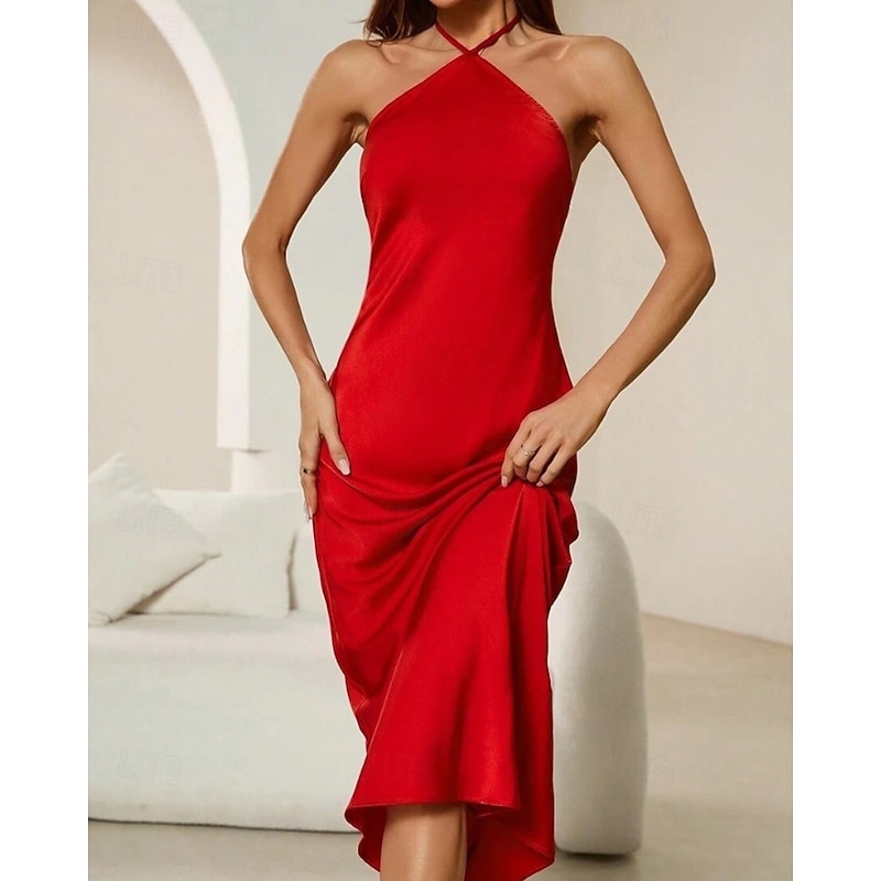 Women's Long Dress Maxi Dress Party Dress Cocktail Dress Satin Dress Slip Dress Elegant Fashion Party Special Occasion Evening Party Regular Fit Plain Sleeveless Halter Neck Wine Red Blue Dark Green4