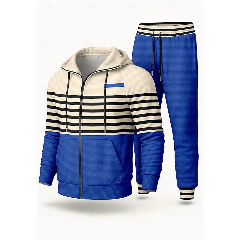 Christmas Men's Hoodie Tracksuit 2 Piece Tracksuit Drawstring Zip Up Striped Athletic Clothing Set Clothing Suit Fall Red Blue Vocation Outdoor Travel Lightweight Fashion Long Sleeve Sport Activewear4
