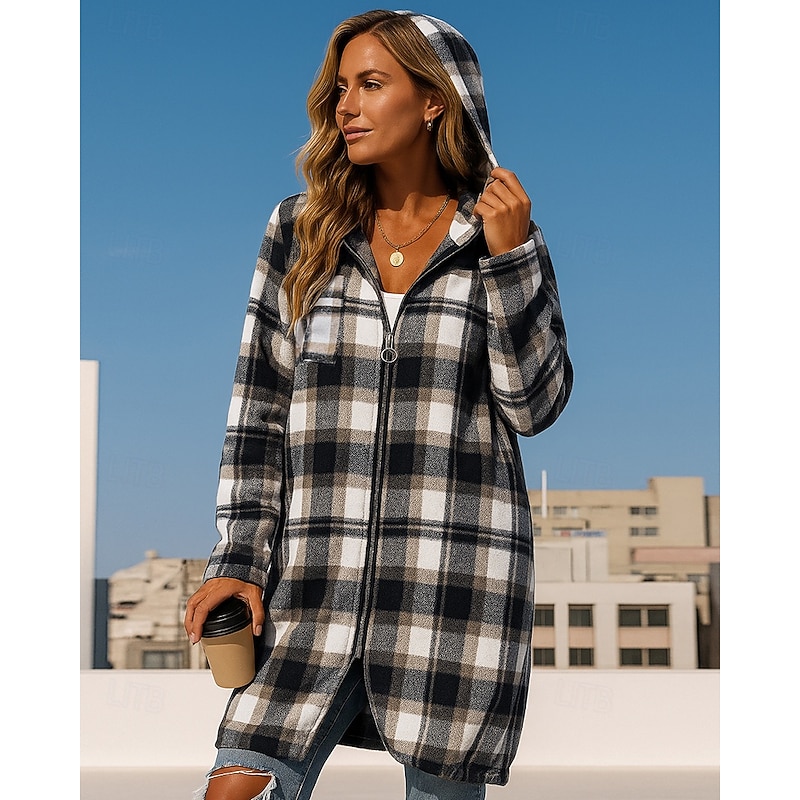 Women's Hoodie Jacket Zip Up Coat with Pockets Long Sleeve Top Athleisure Fall Plaid Checkered Windproof Hiking Outdoor Travel Sportswear Activewear Red Green Khaki4