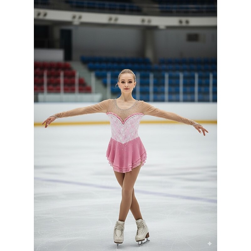 Figure Skating Dress Women's Girls' Ice Skating Dress Pink Patchwork Thumbhole Spandex High Elasticity Training Professional Competition Skating Wear Classic Crystal / Rhinestone Long Sleeve Ice