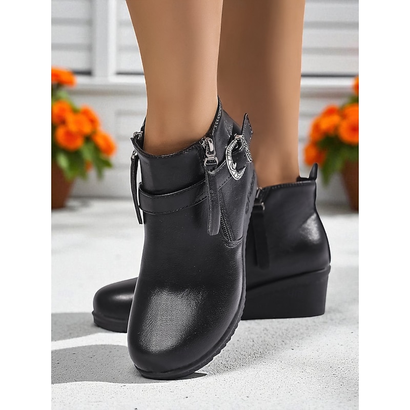 Women's Brown Faux Leather Ankle Boots with Side Zipper – Comfortable Wedge Heel Short Boots for Work and Casual Walking3