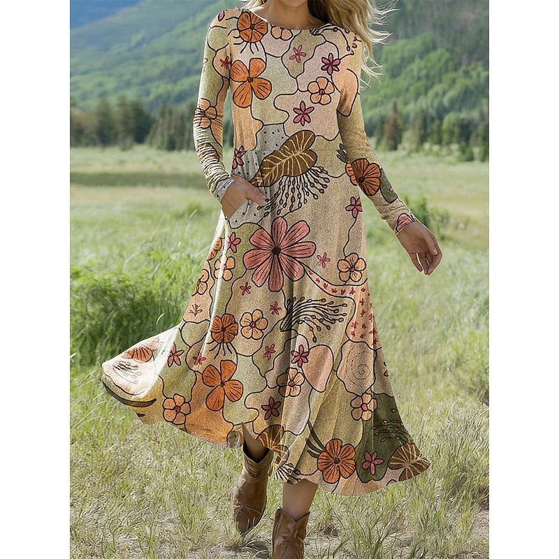 Women's Midi Dress A Line Dress Fit And Flare Dress Vacation Casual Daily Regular Fit Floral Graphic Long Sleeve Crew Neck Yellow Blue Brown Apricot Spring Fall Winter3