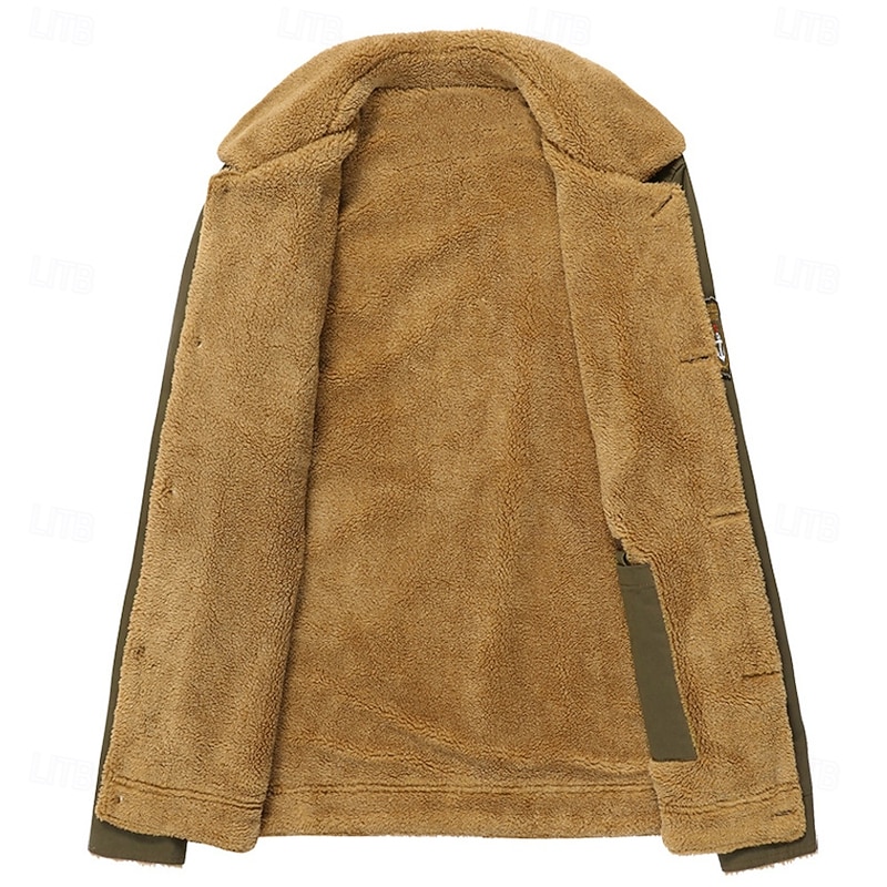 Men's USA Fleece Jacket Cargo Jacket Sherpa Jacket Tactical Thermal Warm Vintage Outdoor Home Embroidered Multiple Pockets Winter Coats Fall Winter Fleece Turn-Down Collar Long Sleeve Army Green Dark4