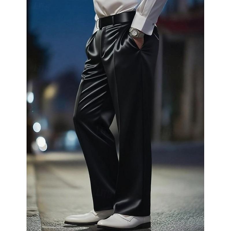 Men's Trousers Dress Pants Silk Like Satin Pants Suit Pants Pocket Straight Leg Plain Breathable Full Length Wedding Party Business Fashion Streetwear Black White Inelastic4