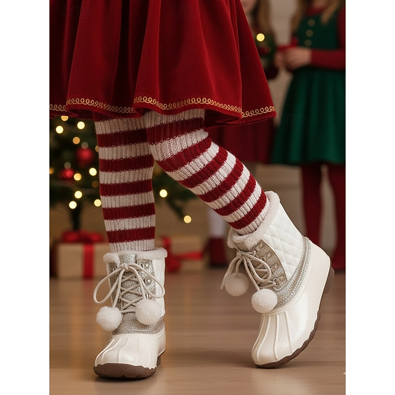 Girl's Winter Snow Boots - Warm Quilted Ankle Boots with Faux Fur Lining, Glitter Detail and Pom Pom Laces for Outdoor Wear