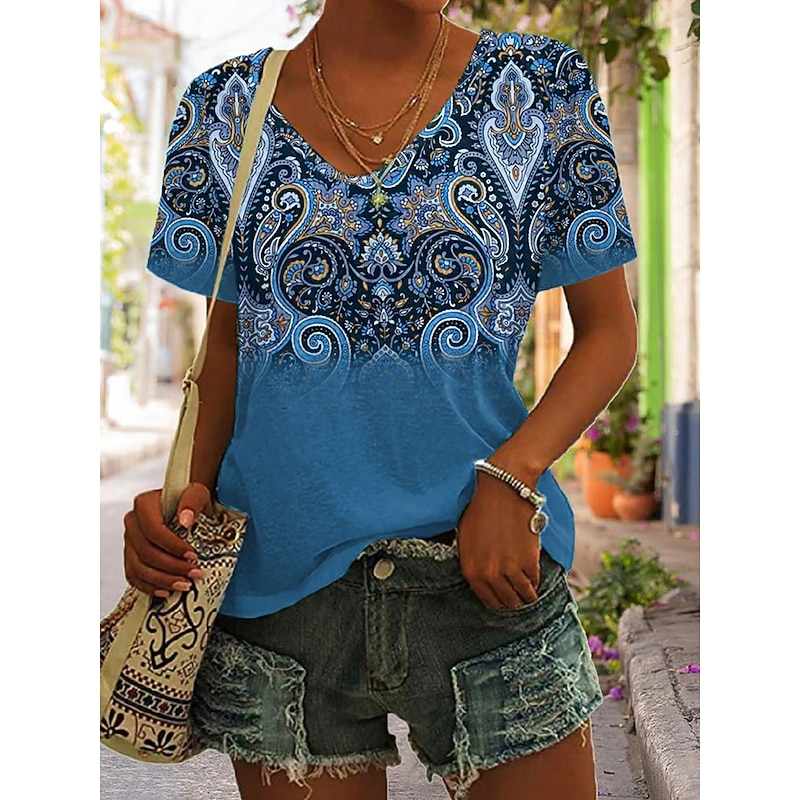 Women's T Shirt Graphic Geometric Tribal Bohemia Vintage Stylish Short Sleeve V Neck Regular Tops Daily Going out Weekend Print Blue Purple Green Khaki Summer Spring Fall3