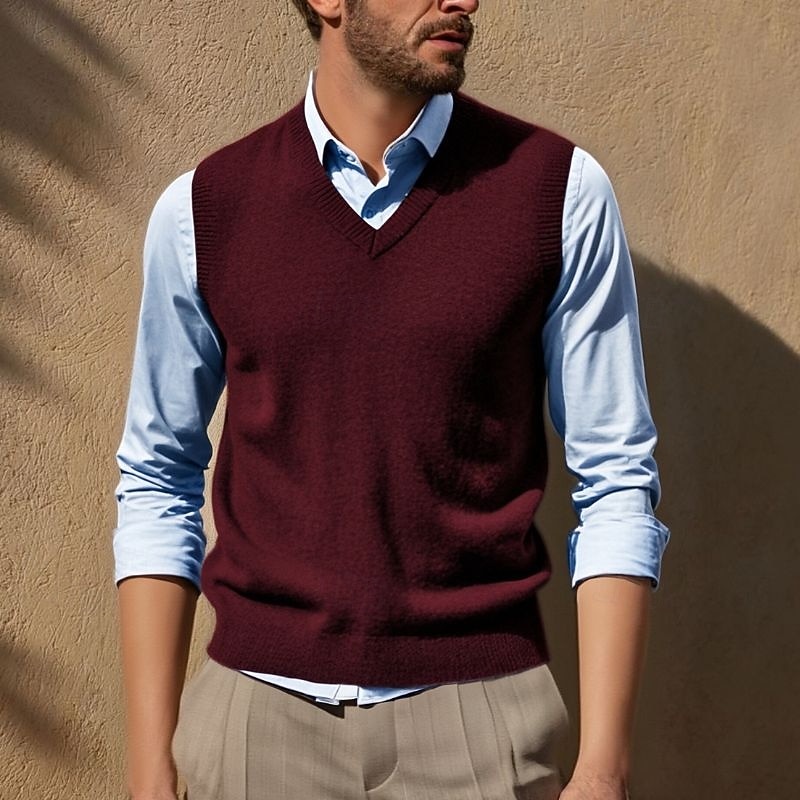 Men's Sweater Vest Pullover Sweater Jumper Dress Sweater Vest Knit Sweater Ribbed Knit Regular Knitted Plain V Neck Fashion Casual Daily Wear Date Clothing Apparel Fall & Winter Wine Red Black S M L2