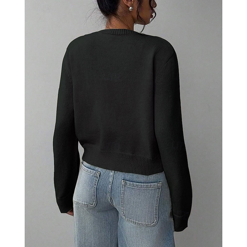 Women's Sweater Cardigan Streetwear Casual Solid Color Crew Neck Buttons Knitted Long Sleeve Regular Tops Knit Daily Holiday Going out Black White Fall Winter4