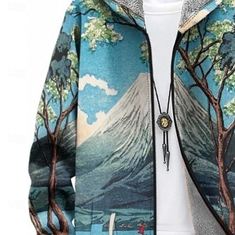 Men's Scenery Winter Coat Fleece Jacket Coat Thermal Warm Comfortable Casual Daily Wear Zipper Pocket 3D Print Fall Winter Hooded Long Sleeve Red Green3