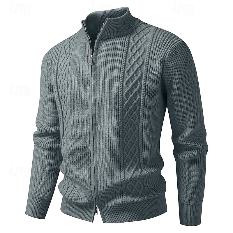 Men's Sweater Cardigan Sweater Ribbed Cable Knit Short Knitted Plain Stand Collar Vacation Fashion Casual Daily Wear Clothing Apparel Fall Spring &  Fall Black khaki M L XL2