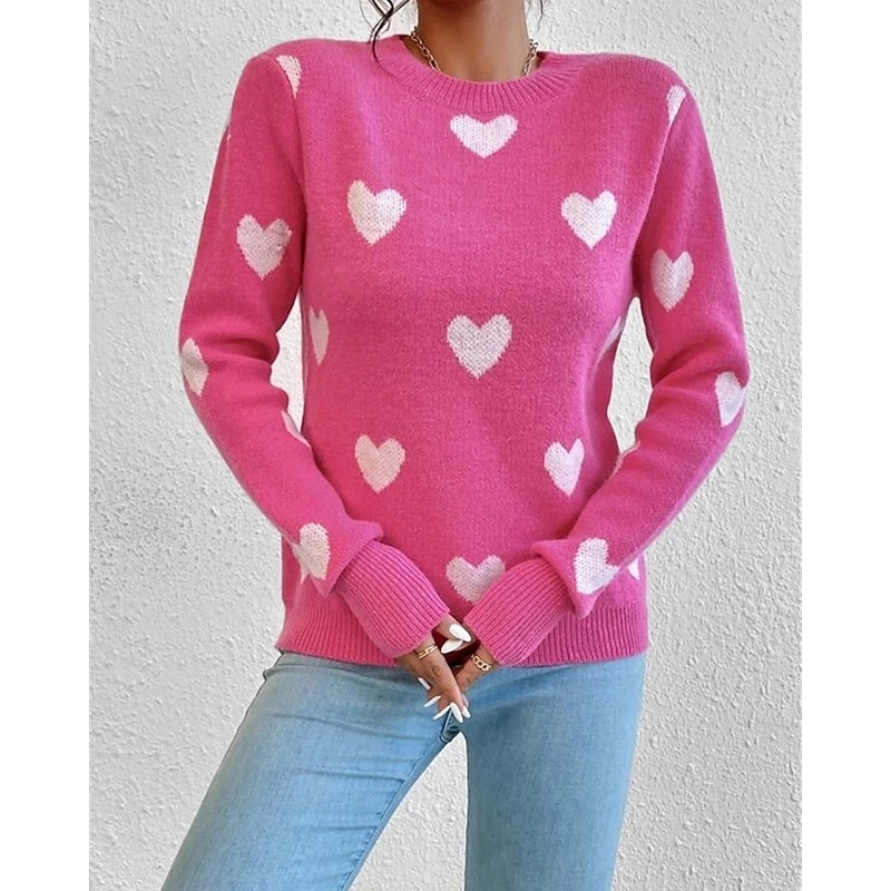 Women's Sweater Pullover Fashion Casual Heart Ribbed Crew Neck Knitted Long Sleeve Regular Tops Knit Outdoor Daily Weekend Pink Fall Winter