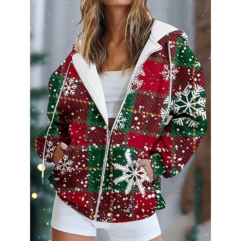 Women's Zip Up Hoodies Graphic Snowflake Christmas Vintage Fashion Casual Long Sleeve Hooded Regular Tops Street Dailywear Casual Patchwork Zipper Pocket Black Red Blue Green Fall Winter2