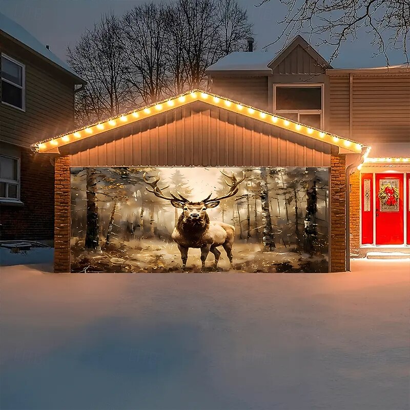 Christmas Tapestry Garage Door Cover Large Hanging Backdrop Deer Cute 3D Party Outdoor Holiday Shooting Backgrounds Yard Home Decor2