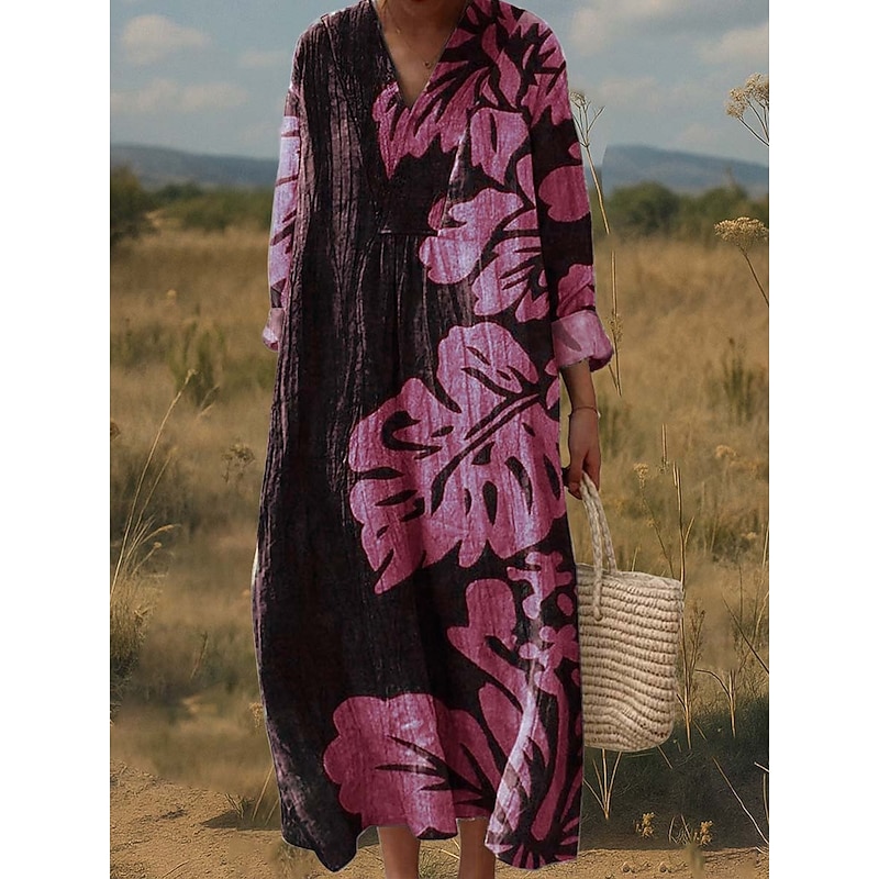 Women's Maxi Dress A Line Dress Fit And Flare Dress Party Casual Boho Party Daily Going out Loose Fit Graphic Geometric Tropical Long Sleeve V Neck Black Red Blue Green Spring Fall Winter Autumn2