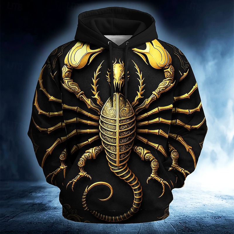 Men's 3D Scorpion Hoodie Sweatshirt Cool Party Crew Neck Club Streetwear Black Drawstring Fall Winter Designer