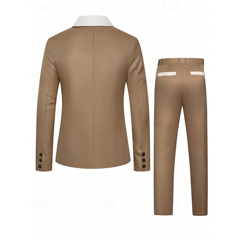 Men's Blazer Suits Business Cocktail Party Wedding Party 2 Piece Fashion Casual Spring &  Fall Polyester Color Block Plain Pocket Buttons Comfortable Single Breasted Blazer Apricot4