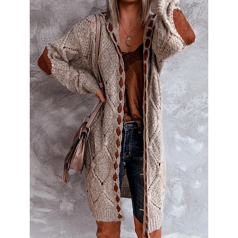 Women's Sweater Cardigan Elegant Fashion Streetwear Color Block Hooded Knitted Long Sleeve Long Tops Knit Outdoor Daily Weekend Khaki Apricot Fall Winter4