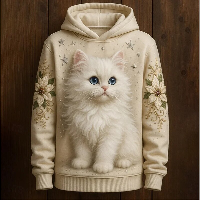 Women's Pullover Hoodie Sweatshirt Floral Graphic Cat Vintage Casual Boho Long Sleeve Hooded Regular Tops Street Dailywear Patchwork Print Front Pocket Beige Gray Spring Fall Winter2