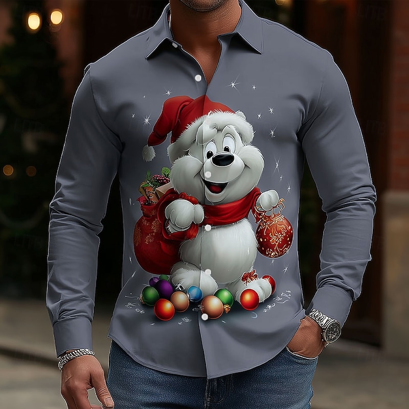 Christmas Men's Bear Snowman Christmas Gift Shirt Button Up Shirt Long Sleeve Funny Outdoor Holiday Spring Fall Turndown 3D Print Collared Shirts Gray 2# Gray 1# Gray 3# Gray4