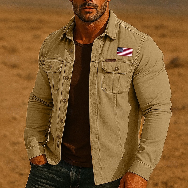 Men's US Flag Patriotic Work Shirt Western Shirt Cargo Shirt Long Sleeve Casual Tactical Sports Outdoor WorkWear Spring Fall Turndown Front Two Pockets Button Up Shirts Army Green Khaki