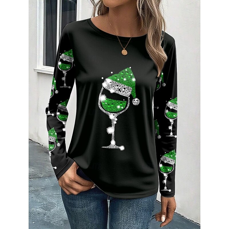 Christmas Women's T Shirt Graphic Wine Glass Vintage Fashion Stylish Long Sleeve Crew Neck Round Neck Regular Tops Daily Weekend Print Red Blue Purple Green Summer Spring Fall Winter4