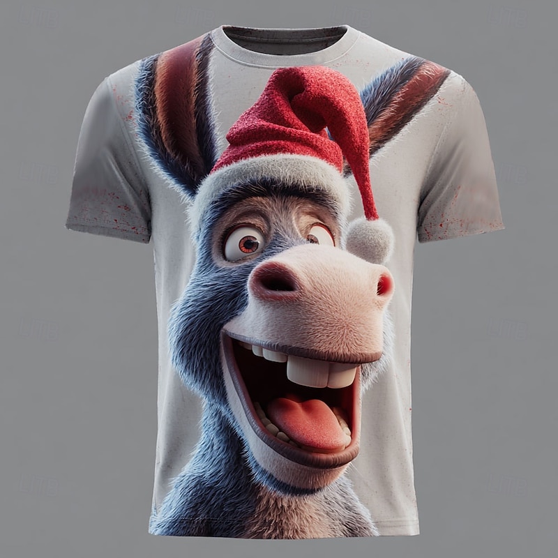 Christmas Men's Donkey T Shirt Short Sleeve T shirt 3D Print Crew Neck Shirt Daily Designer Artistic Vacation Party Street Dark Gray Gray All Seasons Clothing Apparel S M L XL XXL XXXL