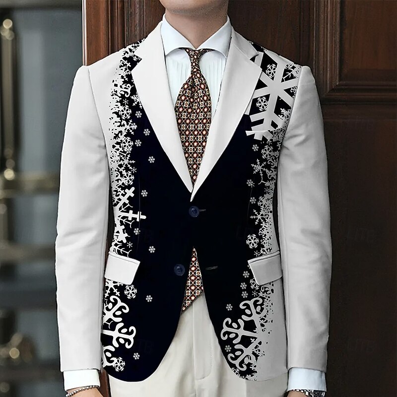 Men's Blazer Coat Christmas Outdoor Casual Casual Daily British Fall / Winter 100% Polyester Snowflake 3D Print Buttons Thermal Warm Comfortable Single Breasted Blazer Black Light Green Red Purple2