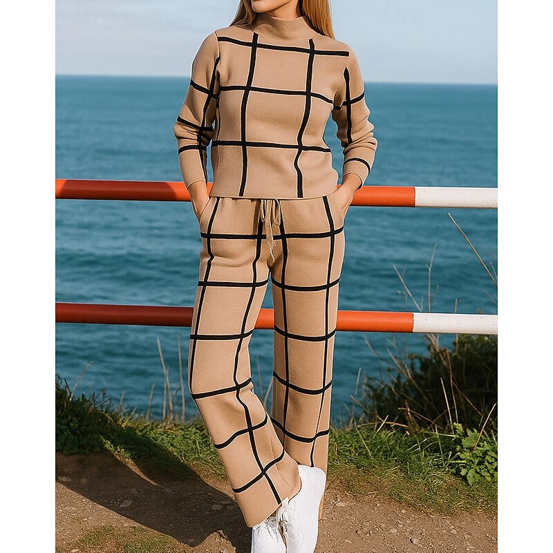 Women's Pullover Sweatsuit Sets 2 Piece Tracksuit Lounge Outfits  with Pocket Plaid Checkered Clothing Suit Fall White Green Hiking Vocation Outdoor Fashion Long Sleeve Sport Activewear Micro-elastic3