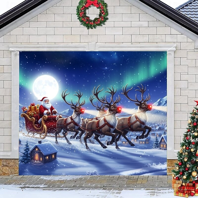 Christmas Garage Door Cover Winter Holiday Decoration Drapes with Santa Claus Reindeer Sleigh Team and Aurora Borealis Print for Home Entryway Living Room Bedroom Indoor Outdoor Festive Seasonal Decor3