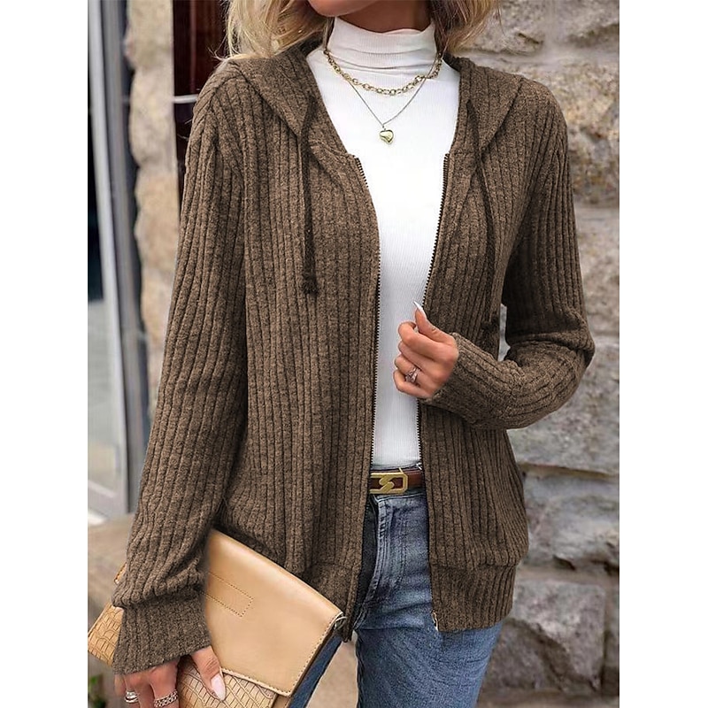 Women's Sweater Cardigan Casual Soft Pure Color Ribbed Hooded Knitted Hooded Long Sleeve Long Tops Knit Outdoor Daily Weekend Black Wine Fall Winter4