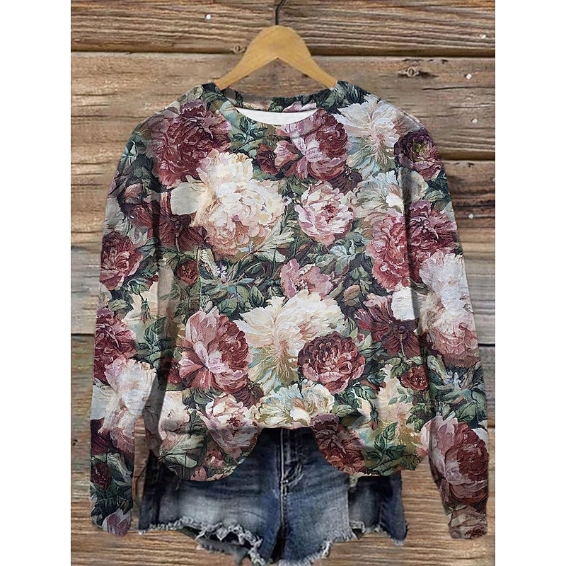 Women's Sweatshirts Floral Graphic Vintage Casual Long Sleeve Crew Neck Regular Tops Street Dailywear Casual Print Yellow Blue Purple Khaki Spring Fall Winter2