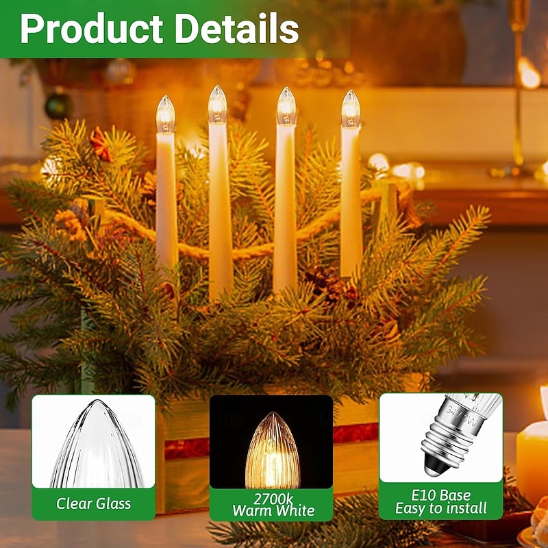 E10 34V 3W Candle Bulb with 7 Burn Points Replacement Bulb 30LM Warm White 2700K E10 Candle Bulb for Light Arches Christmas Trees String Lights10Pcs3