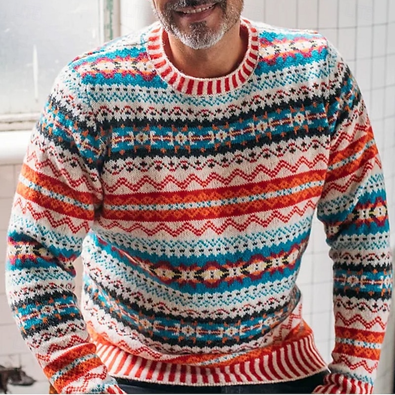 Christmas Men's Geometric Fair isle Sweater Pullover Sweater Jumper Knitwear Crewneck Casual Vacation Daily 3D Print Keep Warm Long Sleeve Spring Fall Winter Red