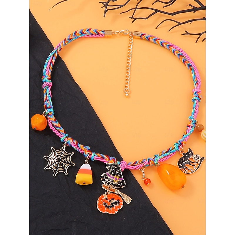Women's Halloween Charm Necklace - Colorful Woven Choker with Pumpkin, Witch, Spider, and Candy for Halloween Costume Party2